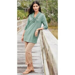 NWT Soft Surroundings Pants Straight Releaxed Ankle Crop Roll Tab Sesame Khaki M